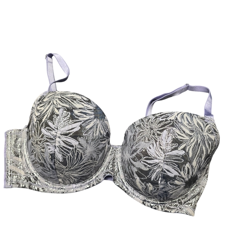 VICTORIA SECRET Dream Angels Brocade Shine Lined Demi Bra Silver & Lavender 34DD